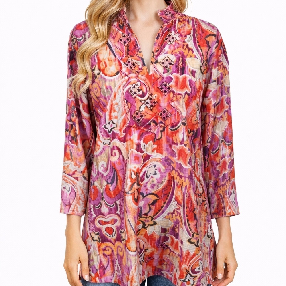 Chicos Split V-neck Blouse Beaded Pink Floral A-line Flowly Boho Size 3 = XL